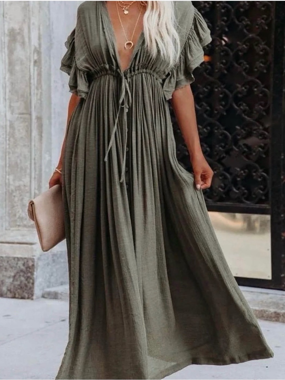 Vici Olive Green Maxi Dress with Tie Waist